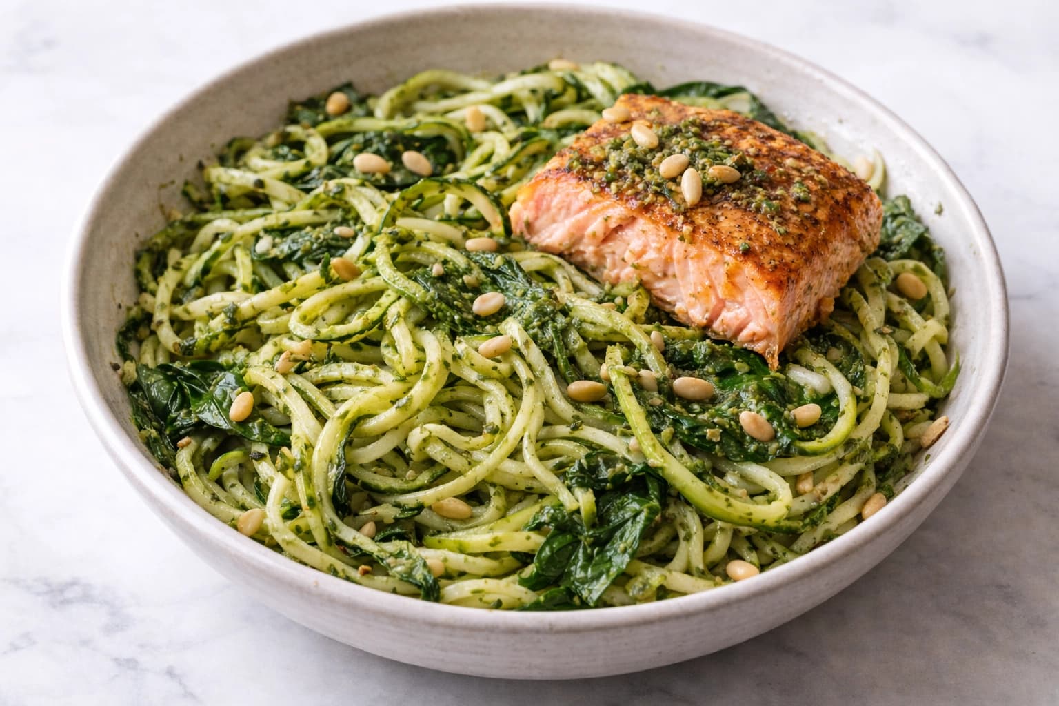 Courgette Noodles met zalm en zelfgemaakte pesto