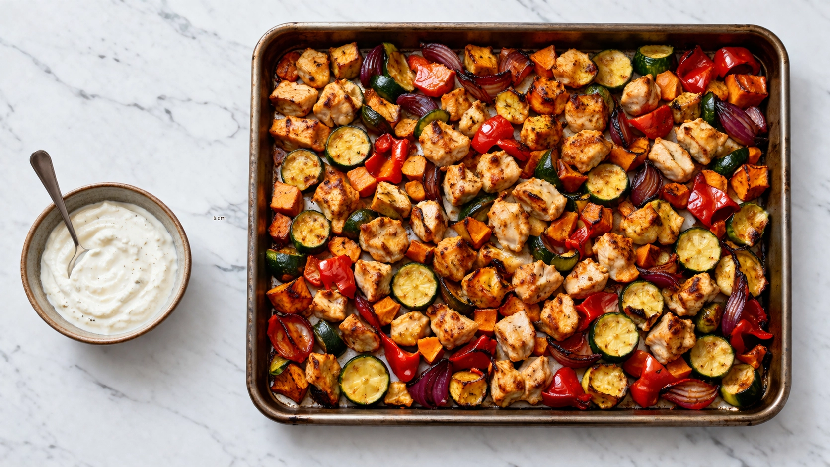 Romige kip traybake met zoete aardappel