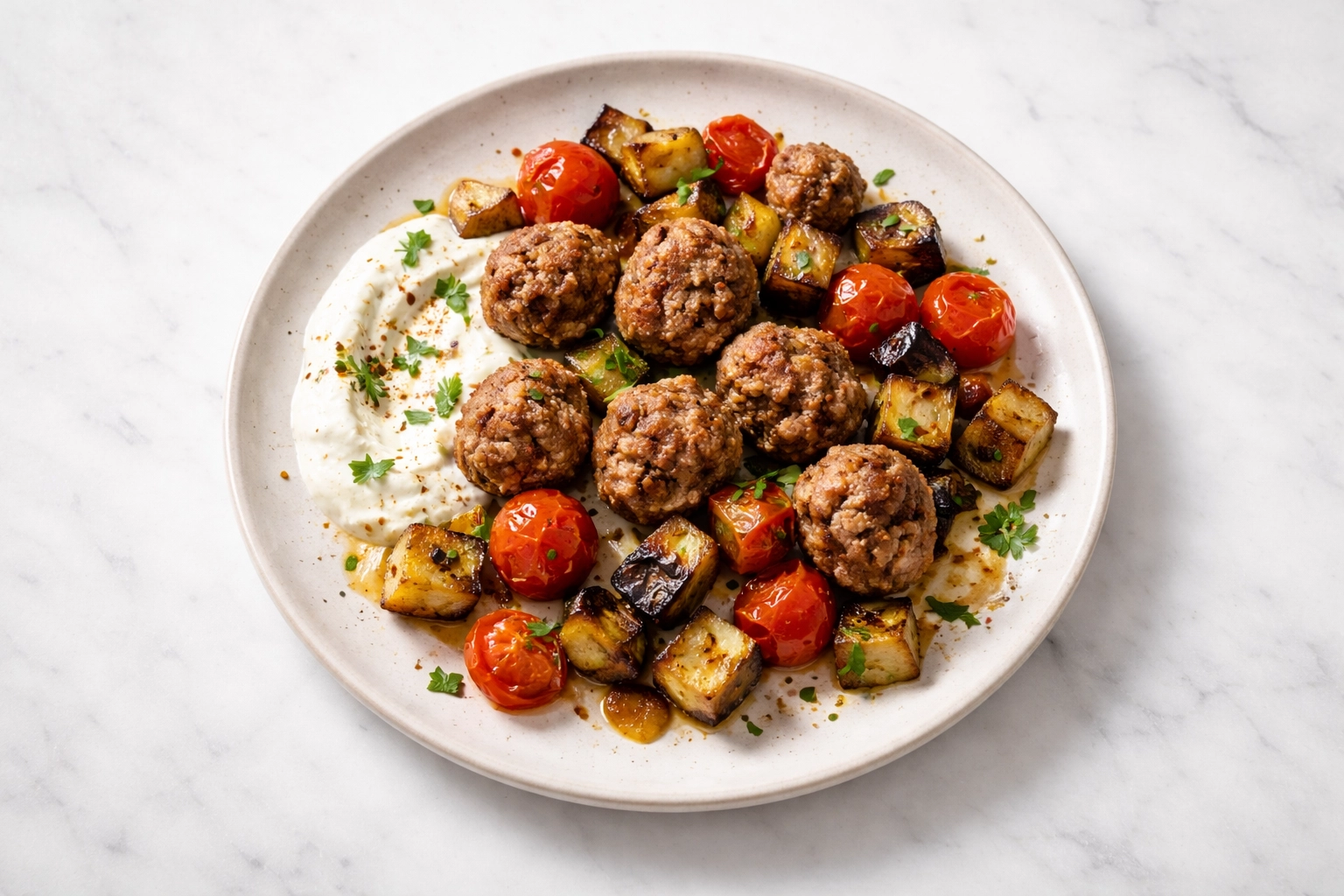 Turkse gehaktballetjes met aubergine en yoghurtsaus