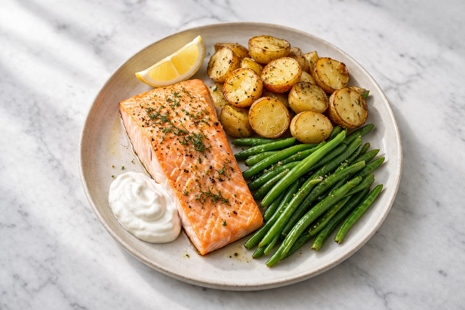 Zalm met crispy aardappeltjes en sperziebonen